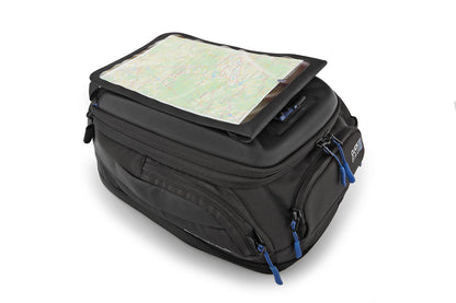 Black motorcycle saddlebag with a map on top against a white background