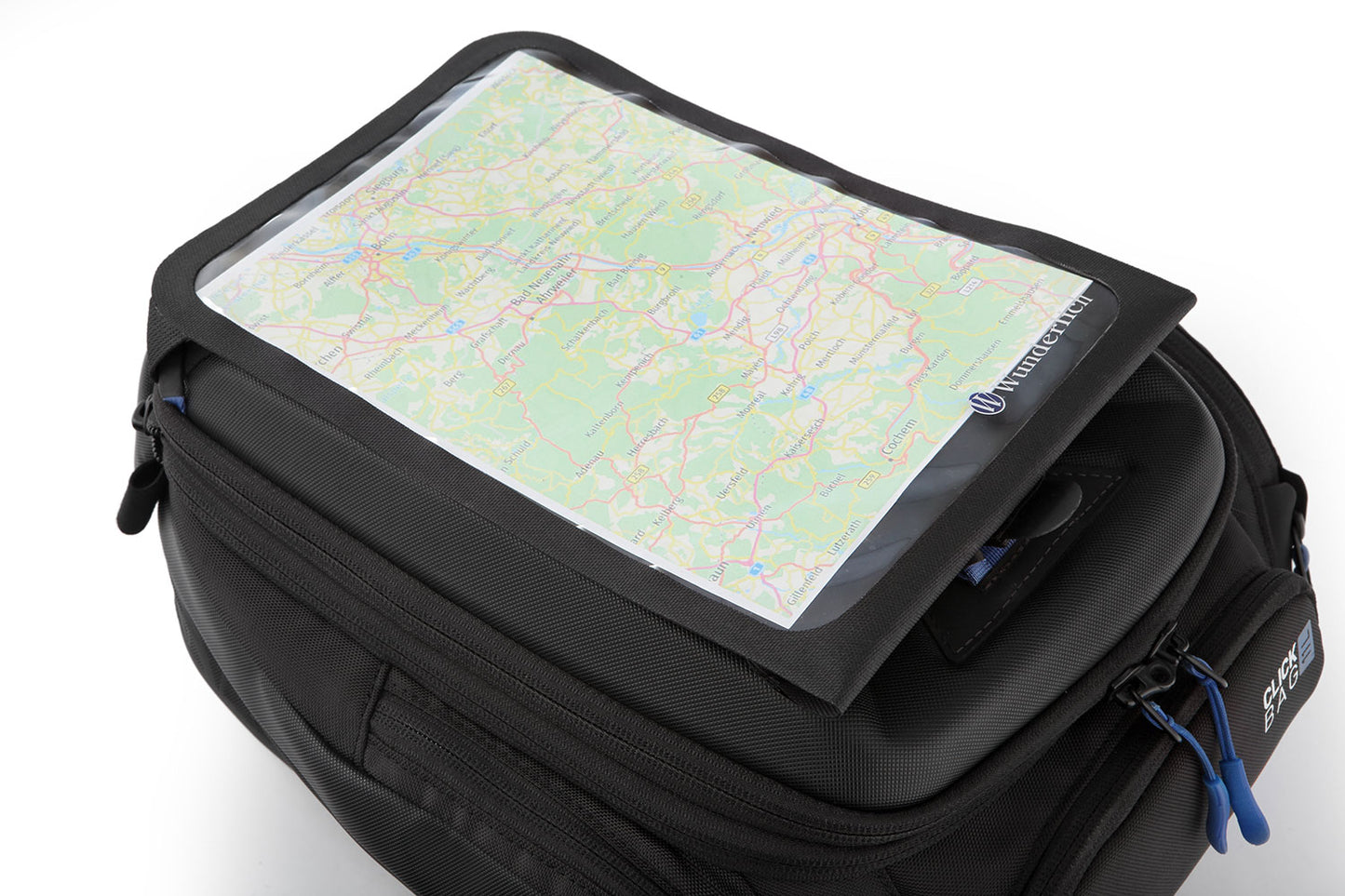 Black backpack with a map on top on a white background