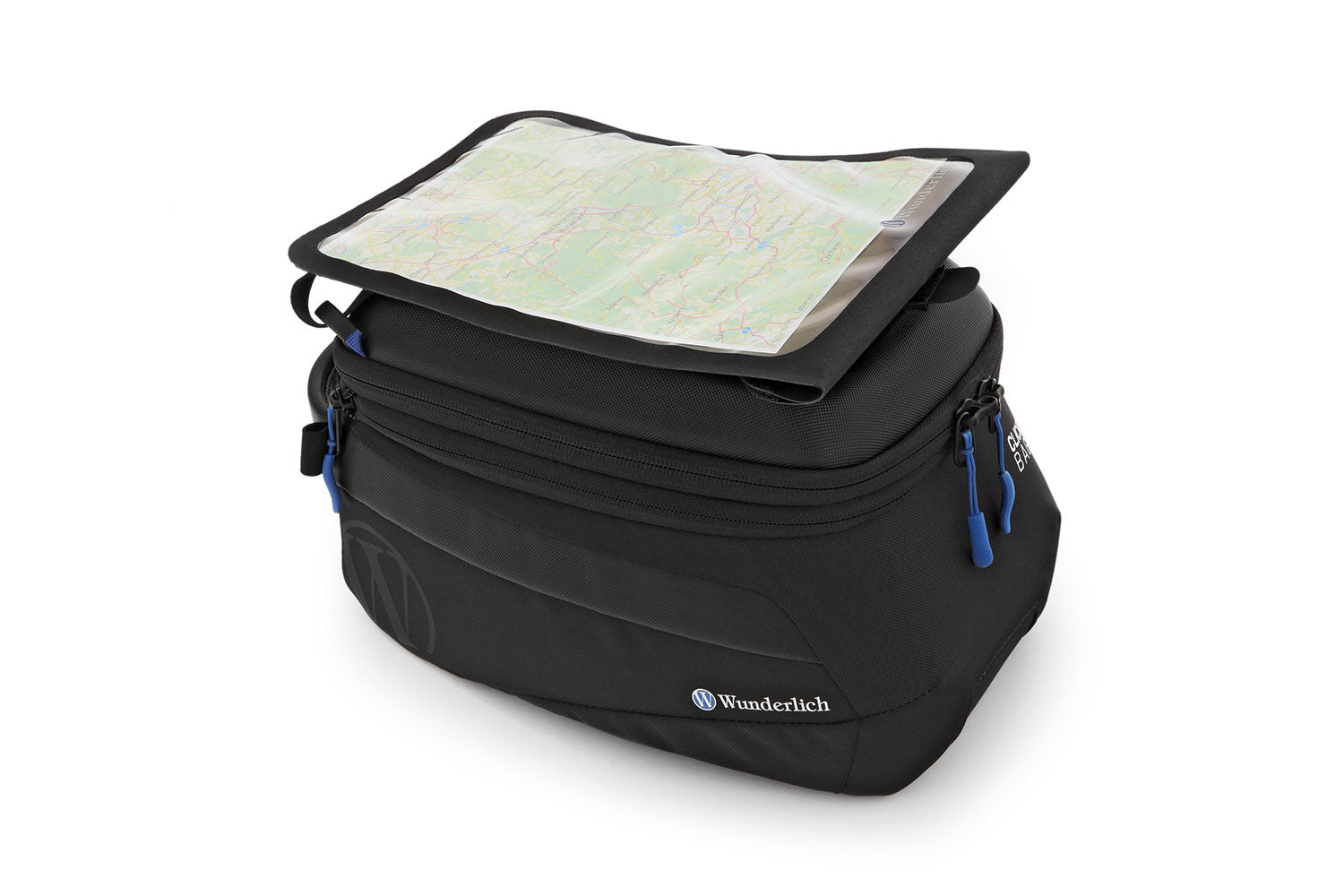 Black travel bag with a map on a white background