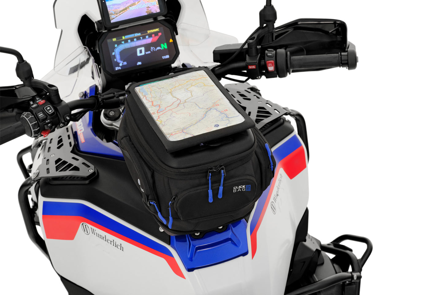 Motorcycle with a GPS device mounted on the handlebar against a white background