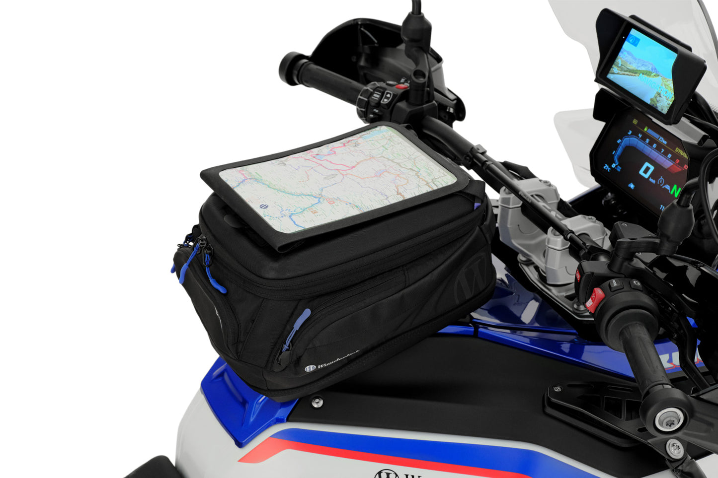 Motorcycle with a navigation screen and bag on a white background